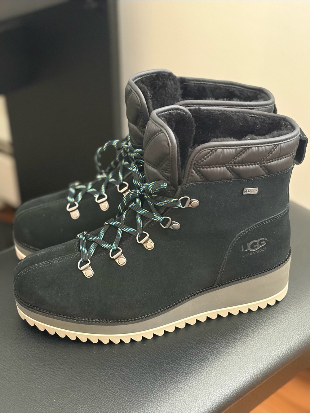 UGG Women's Black Suede Quilted Collar Lace-Up Winter Boot